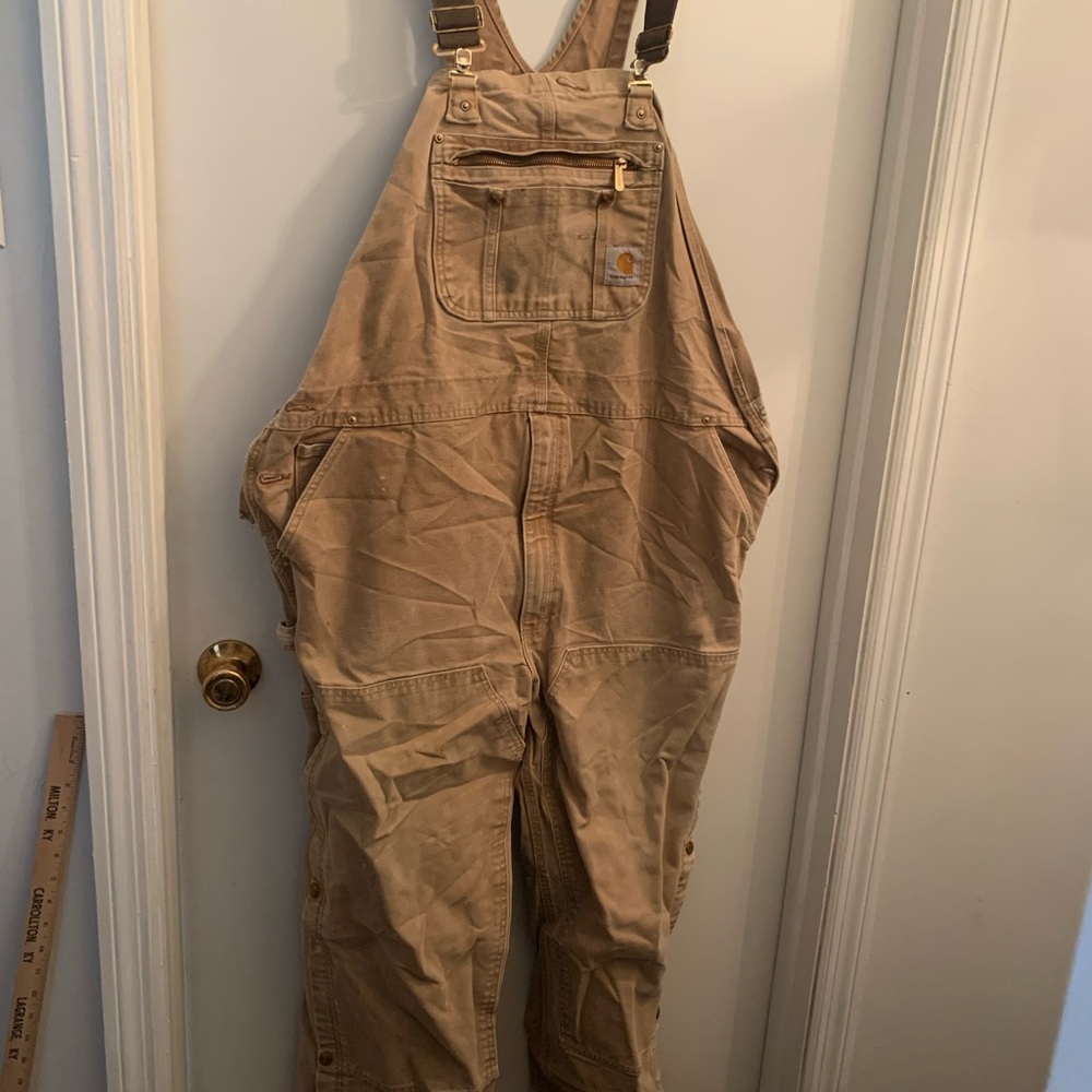 Carhartt Tan Bib Overalls with Chest Pocket distress well loved size46X32